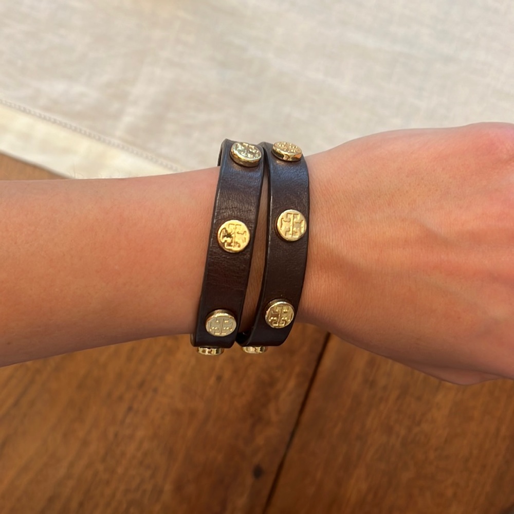 Tory Burch Logo Stud Leather Wrap Bracelet